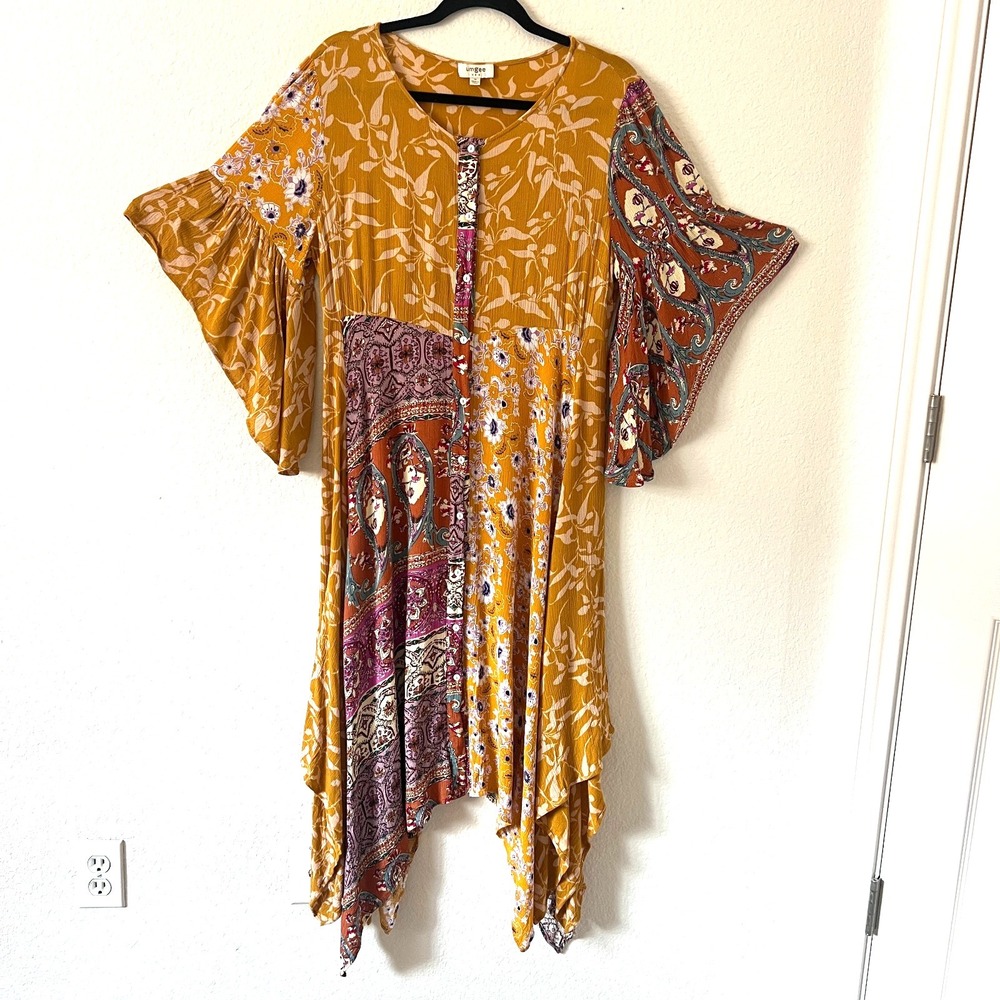 Umgee Sz M Midi Dress‎ Floral Mixed Print Bell Sleeve Shark Bite Hem Boho Hippie